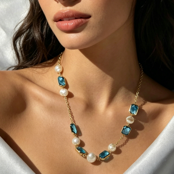 Blue Crystal Baroque Pearl Long Necklace